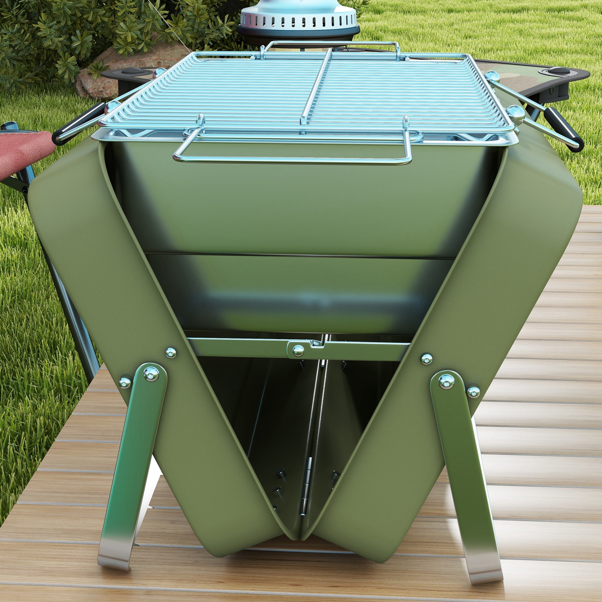 Tabletop Grill Charcoal Grill, Tabletop Charcoal Grill with Charcoal Tray, Grilling Rack Camping Grill with Handle for Picnic, Garden, Stainless Steel Green, 47 x 30 x 28 cm