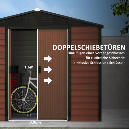 Tool Shed 4.4 m², Garden House with Pent Roof, Sliding Door, Foundation, Easy Assembly 240 x 206 x 198 cm, Tool Shed made of Galvanized Steel, Weatherproof, for Garden, Teak