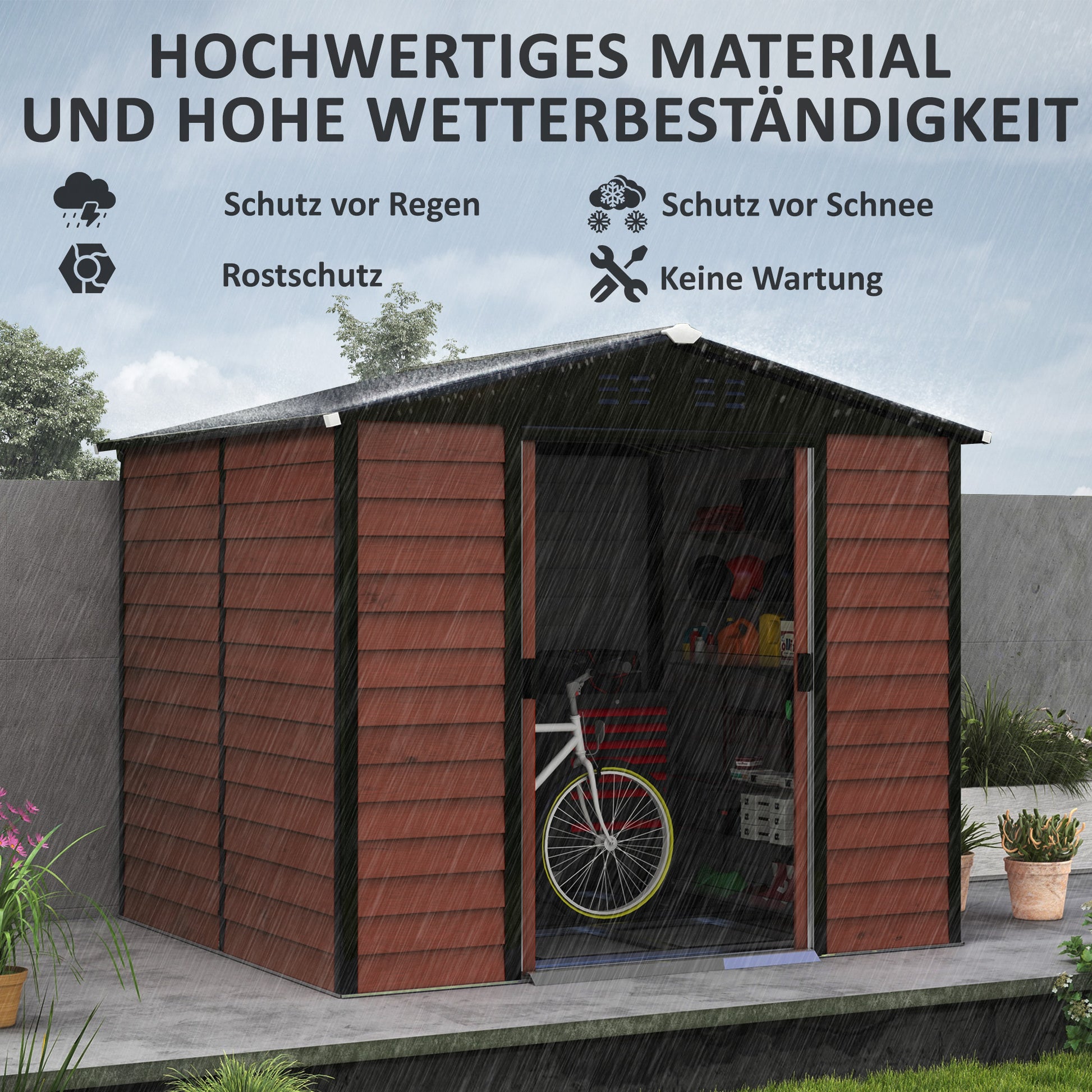 Tool Shed 4.4 m², Garden House with Pent Roof, Sliding Door, Foundation, Easy Assembly 240 x 206 x 198 cm, Tool Shed made of Galvanized Steel, Weatherproof, for Garden, Teak