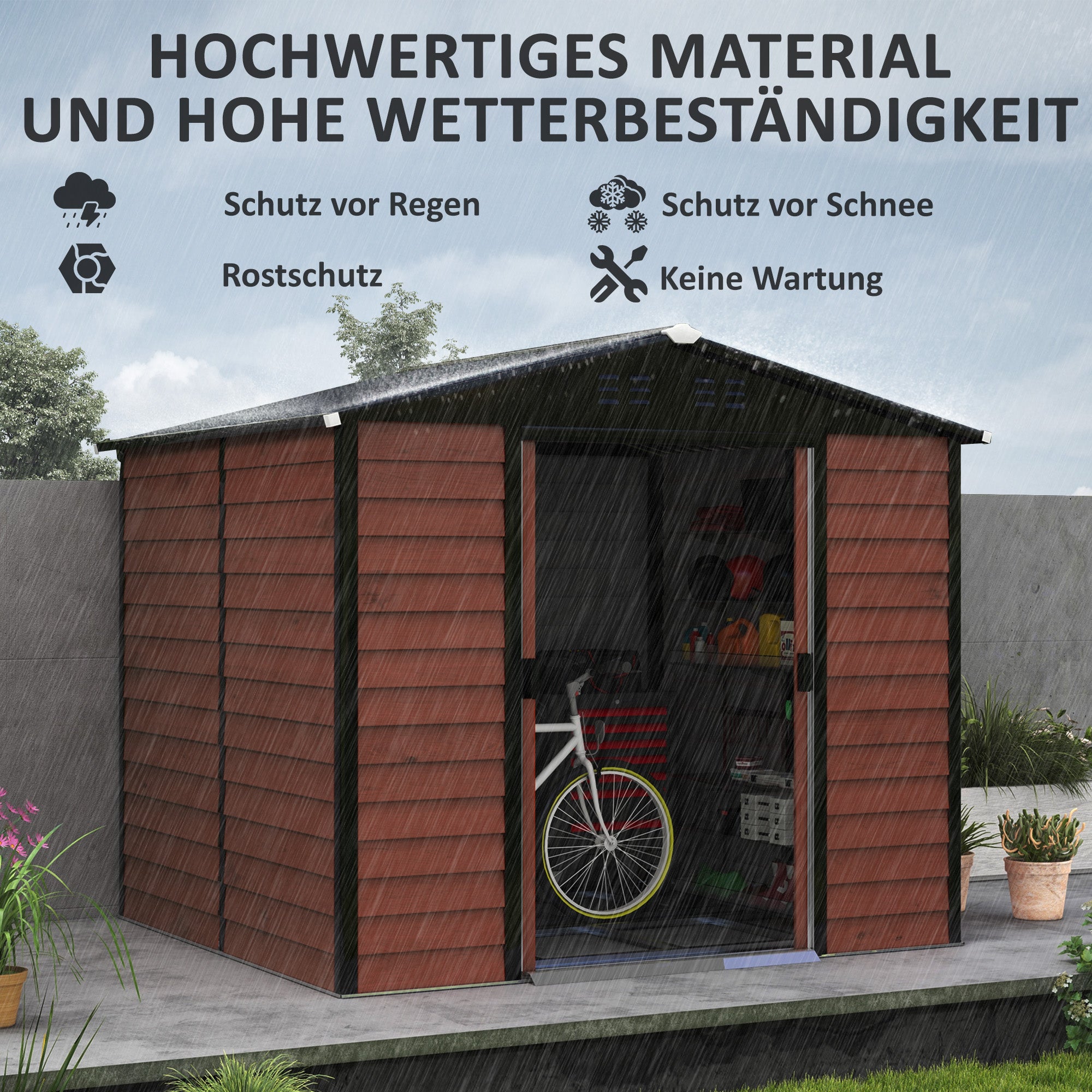 Tool Shed 4.4 m², Garden House with Pent Roof, Sliding Door, Foundation, Easy Assembly 240 x 206 x 198 cm, Tool Shed made of Galvanized Steel, Weatherproof, for Garden, Teak