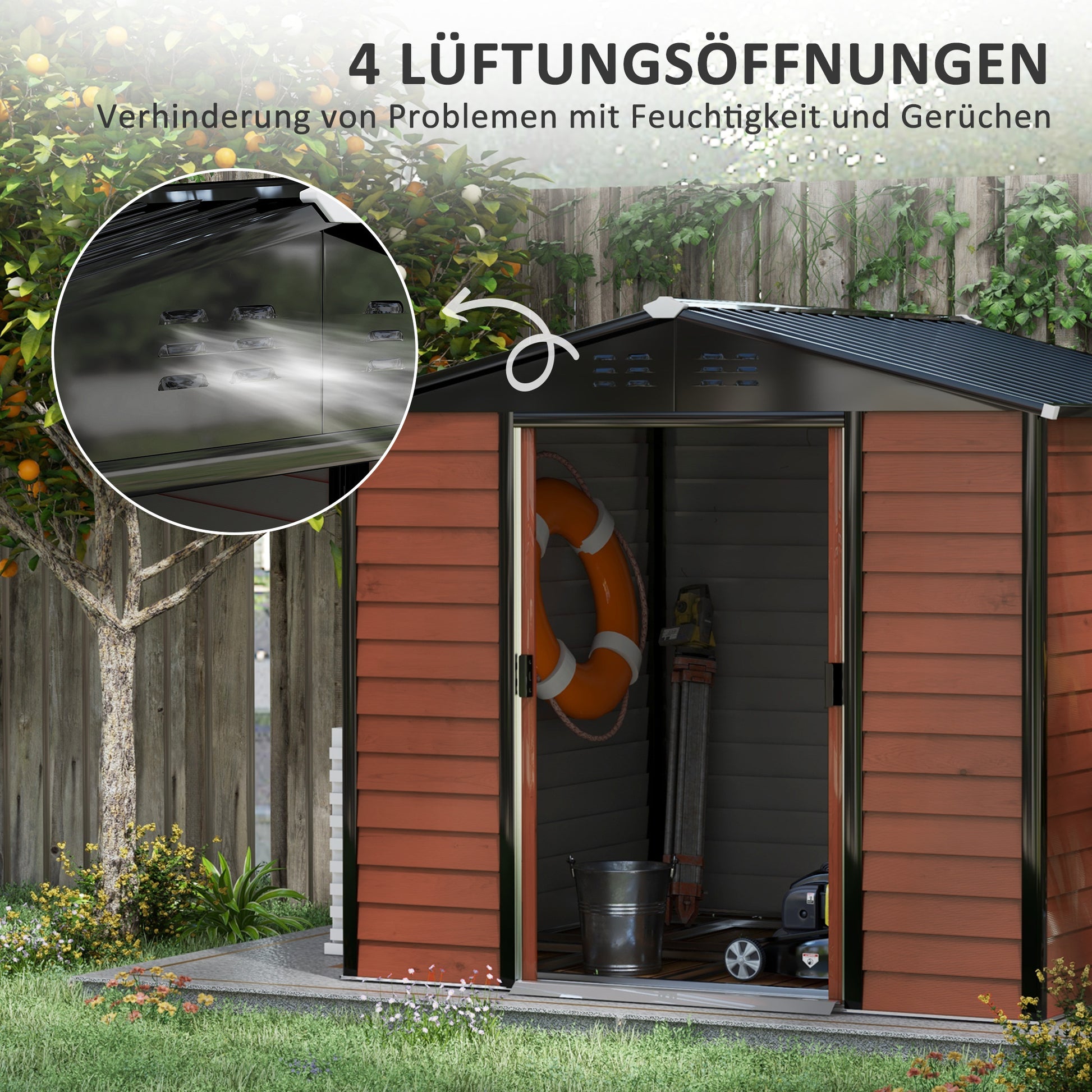 Tool Shed 4.4 m², Garden House with Pent Roof, Sliding Door, Foundation, Easy Assembly 240 x 206 x 198 cm, Tool Shed made of Galvanized Steel, Weatherproof, for Garden, Teak