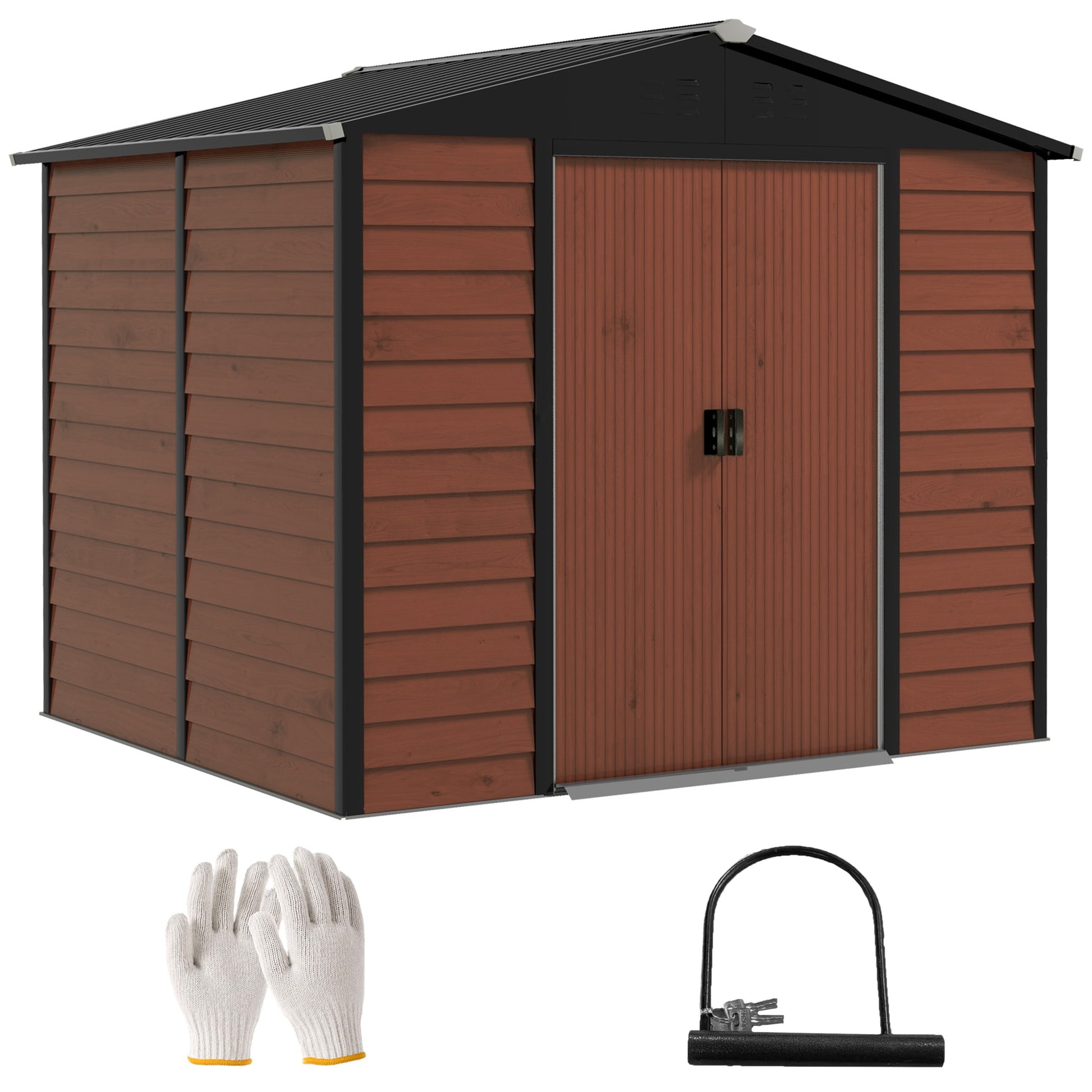 Tool Shed 4.4 m², Garden House with Pent Roof, Sliding Door, Foundation, Easy Assembly 240 x 206 x 198 cm, Tool Shed made of Galvanized Steel, Weatherproof, for Garden, Teak