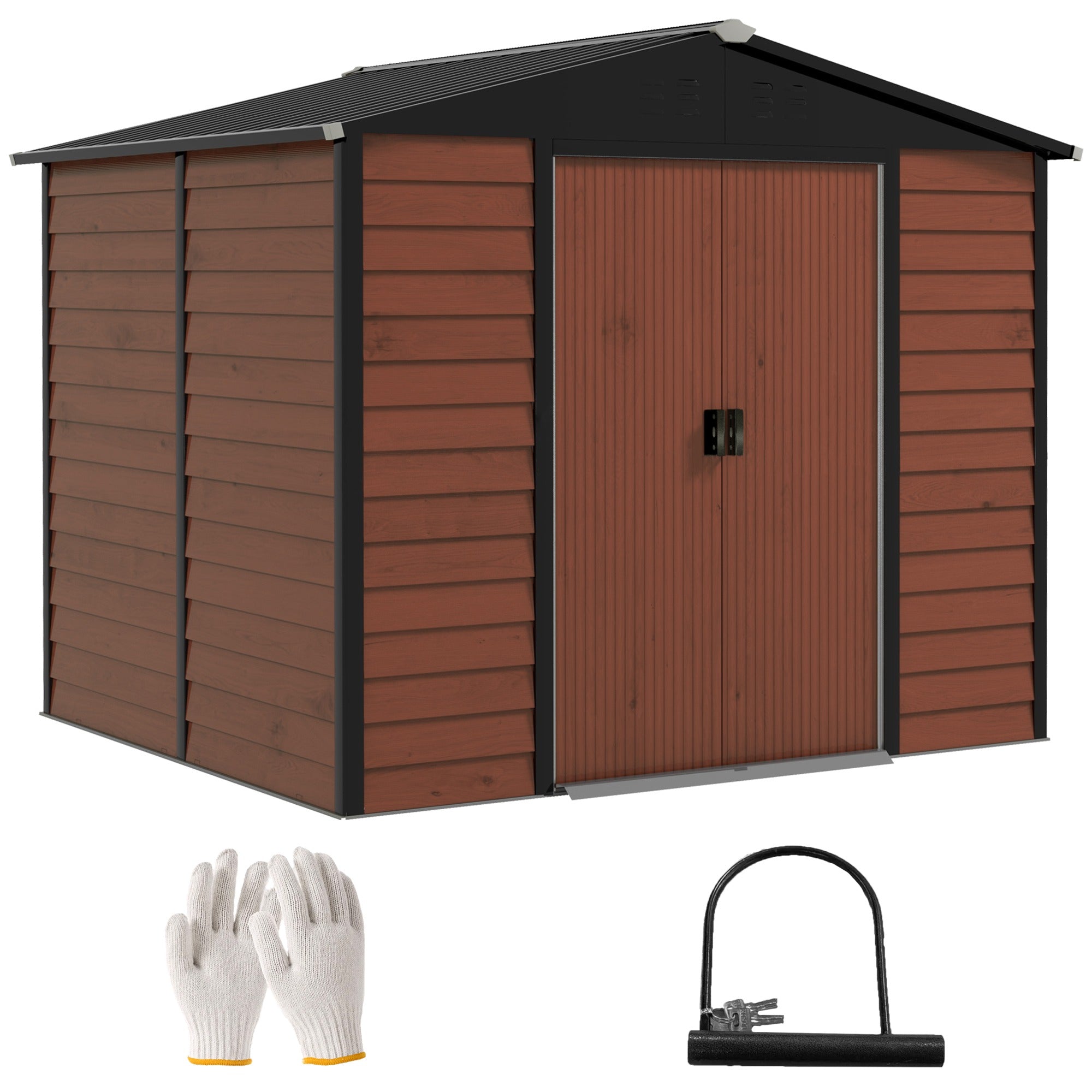 Tool Shed 4.4 m², Garden House with Pent Roof, Sliding Door, Foundation, Easy Assembly 240 x 206 x 198 cm, Tool Shed made of Galvanized Steel, Weatherproof, for Garden, Teak