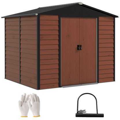 Tool Shed 4.4 m², Garden House with Pent Roof, Sliding Door, Foundation, Easy Assembly 240 x 206 x 198 cm, Tool Shed made of Galvanized Steel, Weatherproof, for Garden, Teak