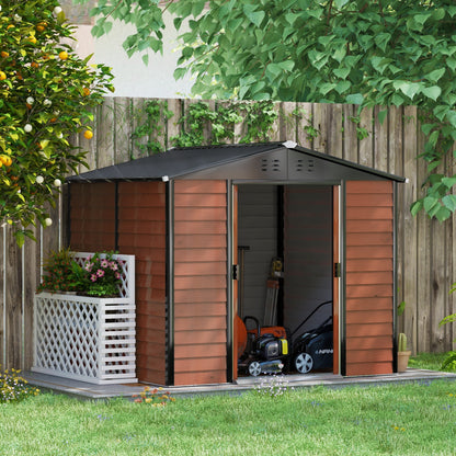 Tool Shed 4.4 m², Garden House with Pent Roof, Sliding Door, Foundation, Easy Assembly 240 x 206 x 198 cm, Tool Shed made of Galvanized Steel, Weatherproof, for Garden, Teak