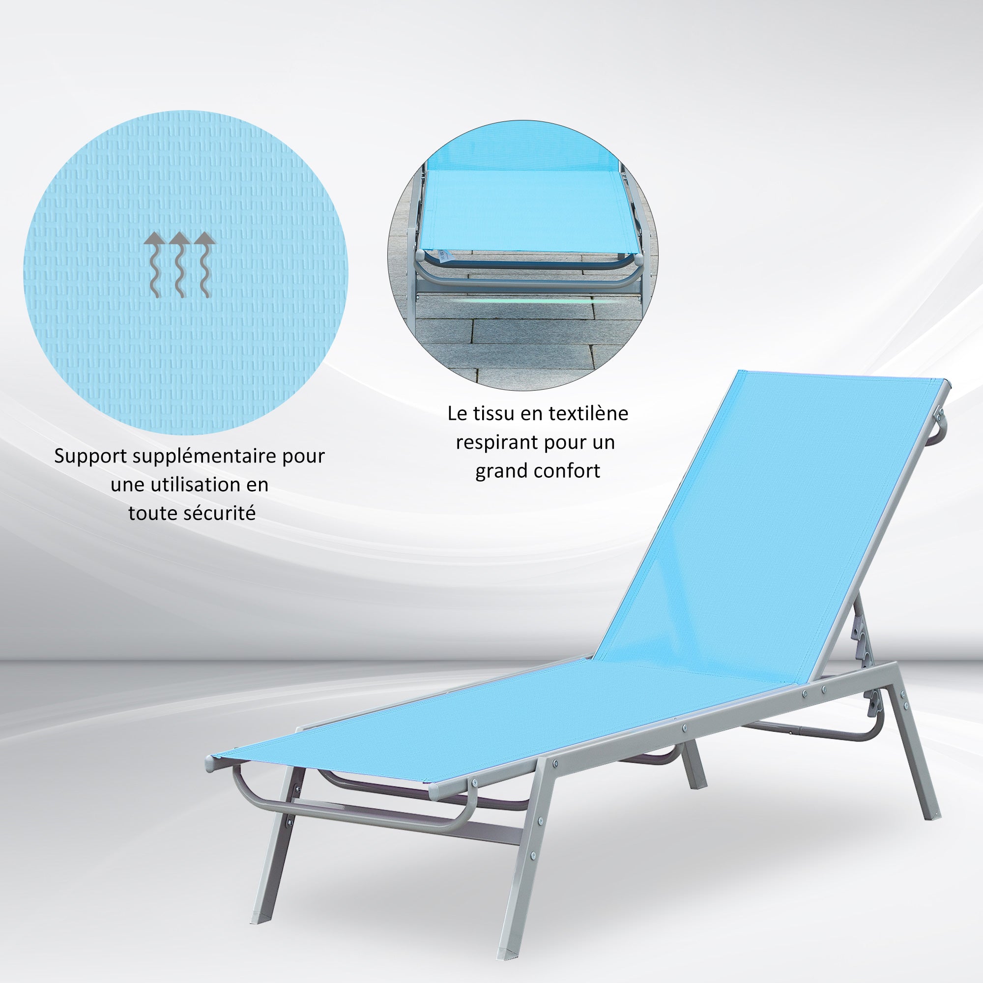 Sun Lounger - Chaise Longue - Contemporary Design - Multi-Position Reclining Backrest - Epoxy Metal Textilene Sky Blue - dim. 170 x 58 x 97 cm