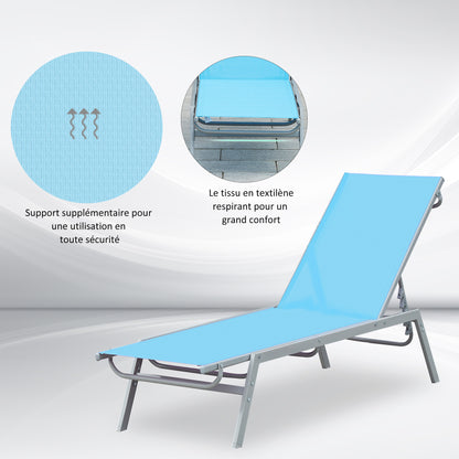 Sun Lounger - Chaise Longue - Contemporary Design - Multi-Position Reclining Backrest - Epoxy Metal Textilene Sky Blue - dim. 170 x 58 x 97 cm