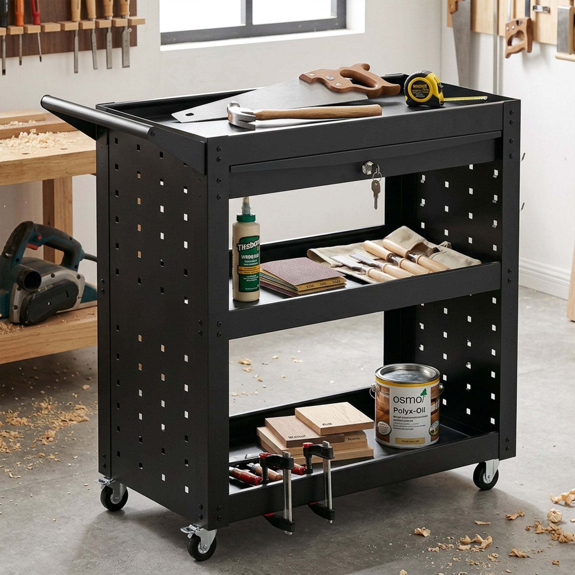 Tool Cart (Empty) – 3-Tier Workshop Trolley with Peg Panels & Lockable Drawer, Locking Casters, 198 lb Capacity, Black