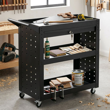 Tool Cart (Empty) – 3-Tier Workshop Trolley with Peg Panels & Lockable Drawer, Locking Casters, 198 lb Capacity, Black