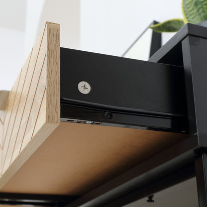 Narrow Console Table Entryway Console Table with 2 Drawers Carved Lines Design Modern Style for Hallway Entryway Living Room Bedroom 100x30x75 cm Black and Oak