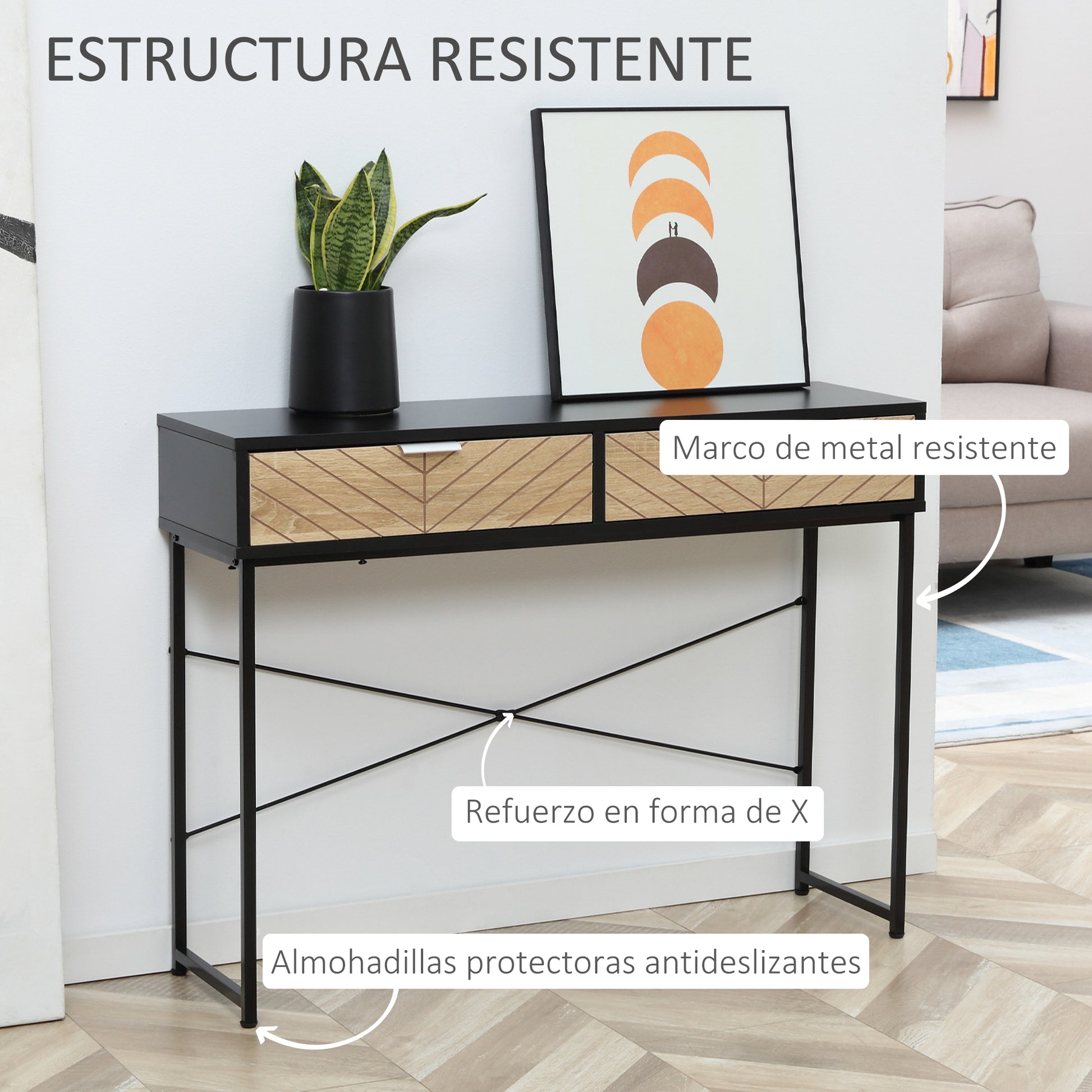 Narrow Console Table Entryway Console Table with 2 Drawers Carved Lines Design Modern Style for Hallway Entryway Living Room Bedroom 100x30x75 cm Black and Oak