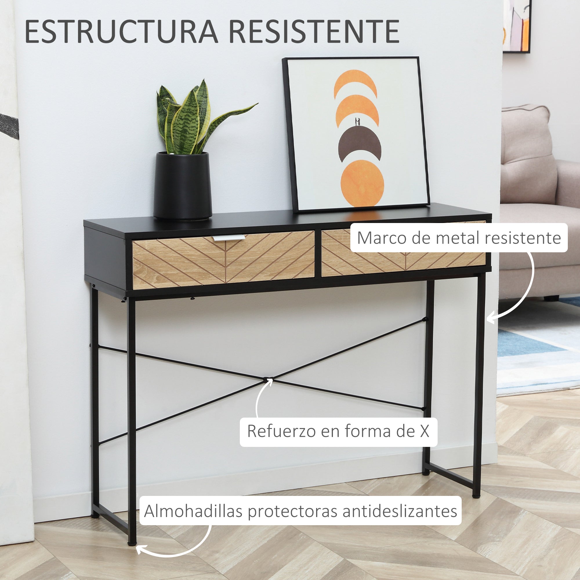Narrow Console Table Entryway Console Table with 2 Drawers Carved Lines Design Modern Style for Hallway Entryway Living Room Bedroom 100x30x75 cm Black and Oak