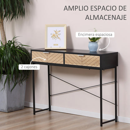Narrow Console Table Entryway Console Table with 2 Drawers Carved Lines Design Modern Style for Hallway Entryway Living Room Bedroom 100x30x75 cm Black and Oak