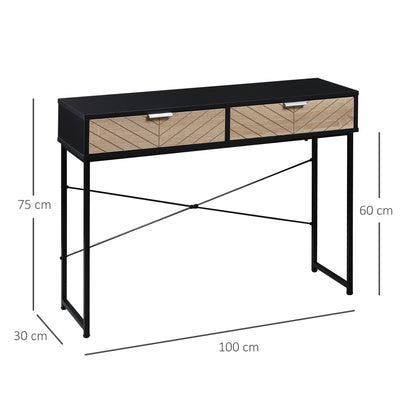 Narrow Console Table Entryway Console Table with 2 Drawers Carved Lines Design Modern Style for Hallway Entryway Living Room Bedroom 100x30x75 cm Black and Oak