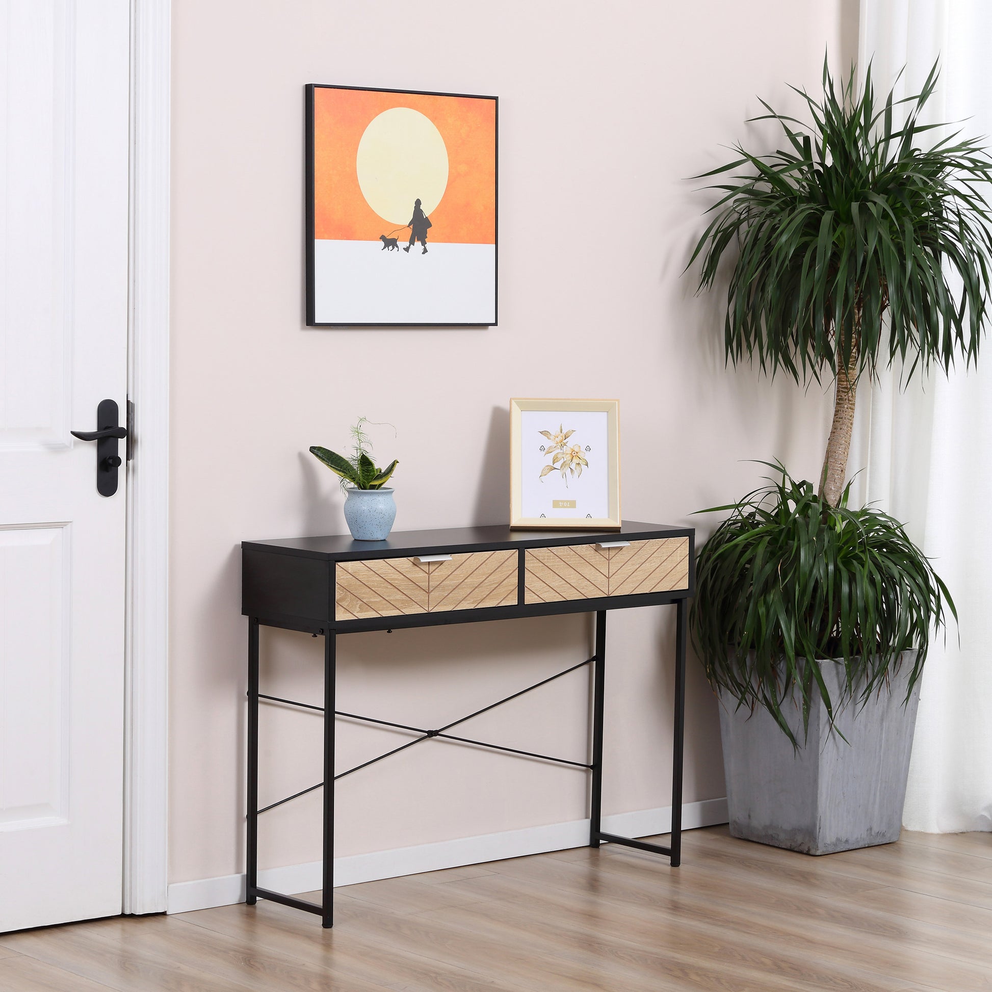Narrow Console Table Entryway Console Table with 2 Drawers Carved Lines Design Modern Style for Hallway Entryway Living Room Bedroom 100x30x75 cm Black and Oak