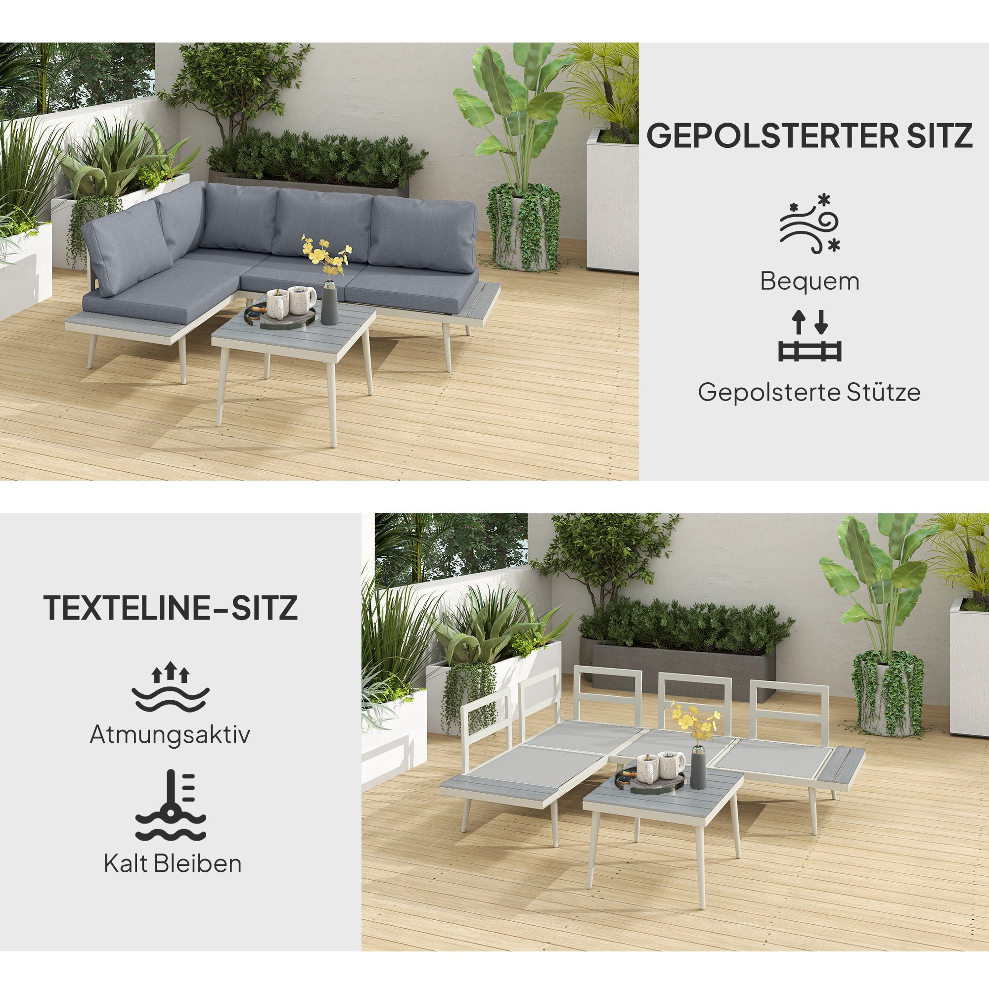 Garden Furniture Set 4 Persons Weatherproof Balcony Furniture Set with 2-Seater Sofa, Cushions Side Table Steel Outdoor Seating Group Patio Furniture Garden Lounge for Garden Terrace Gray
