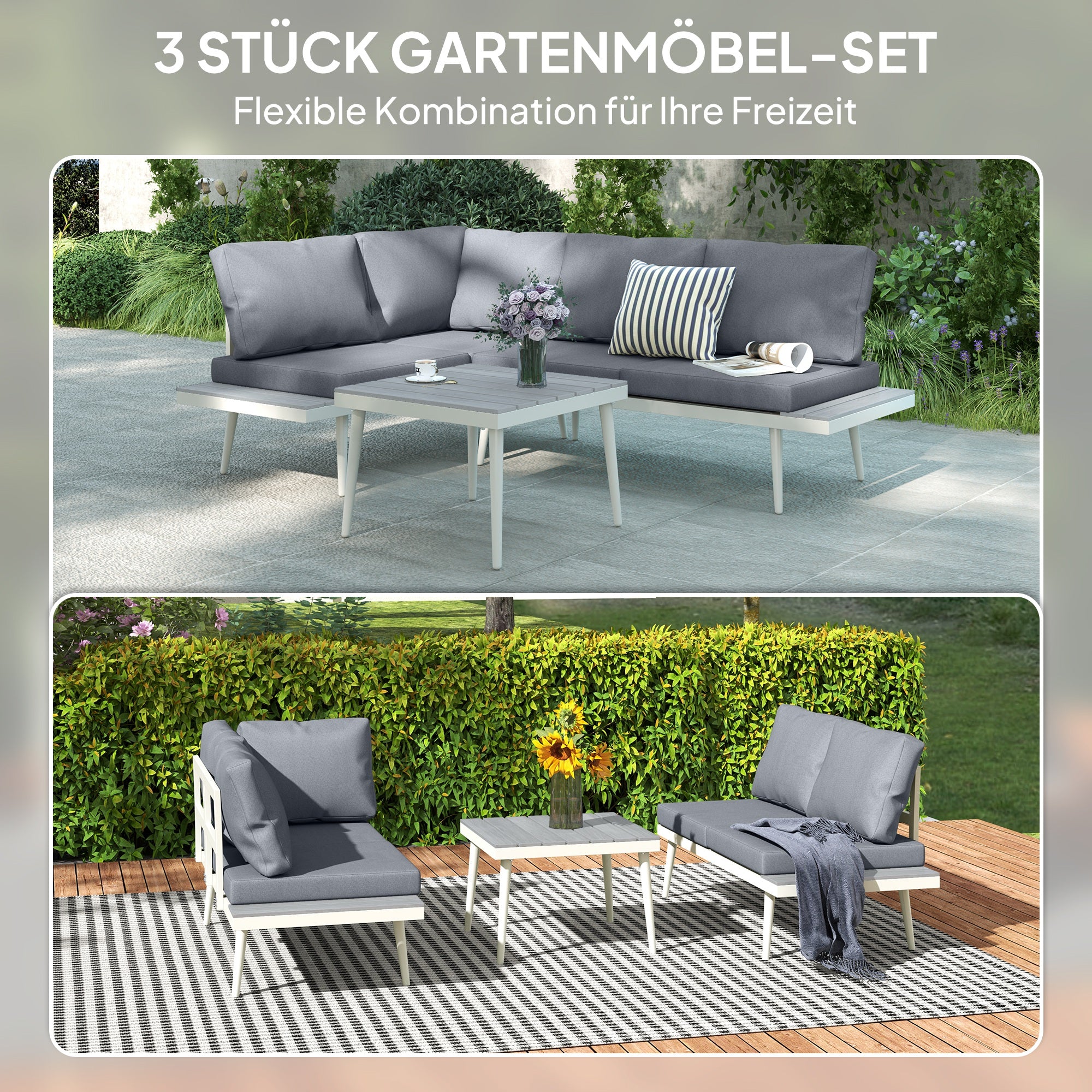 Garden Furniture Set 4 Persons Weatherproof Balcony Furniture Set with 2-Seater Sofa, Cushions Side Table Steel Outdoor Seating Group Patio Furniture Garden Lounge for Garden Terrace Gray