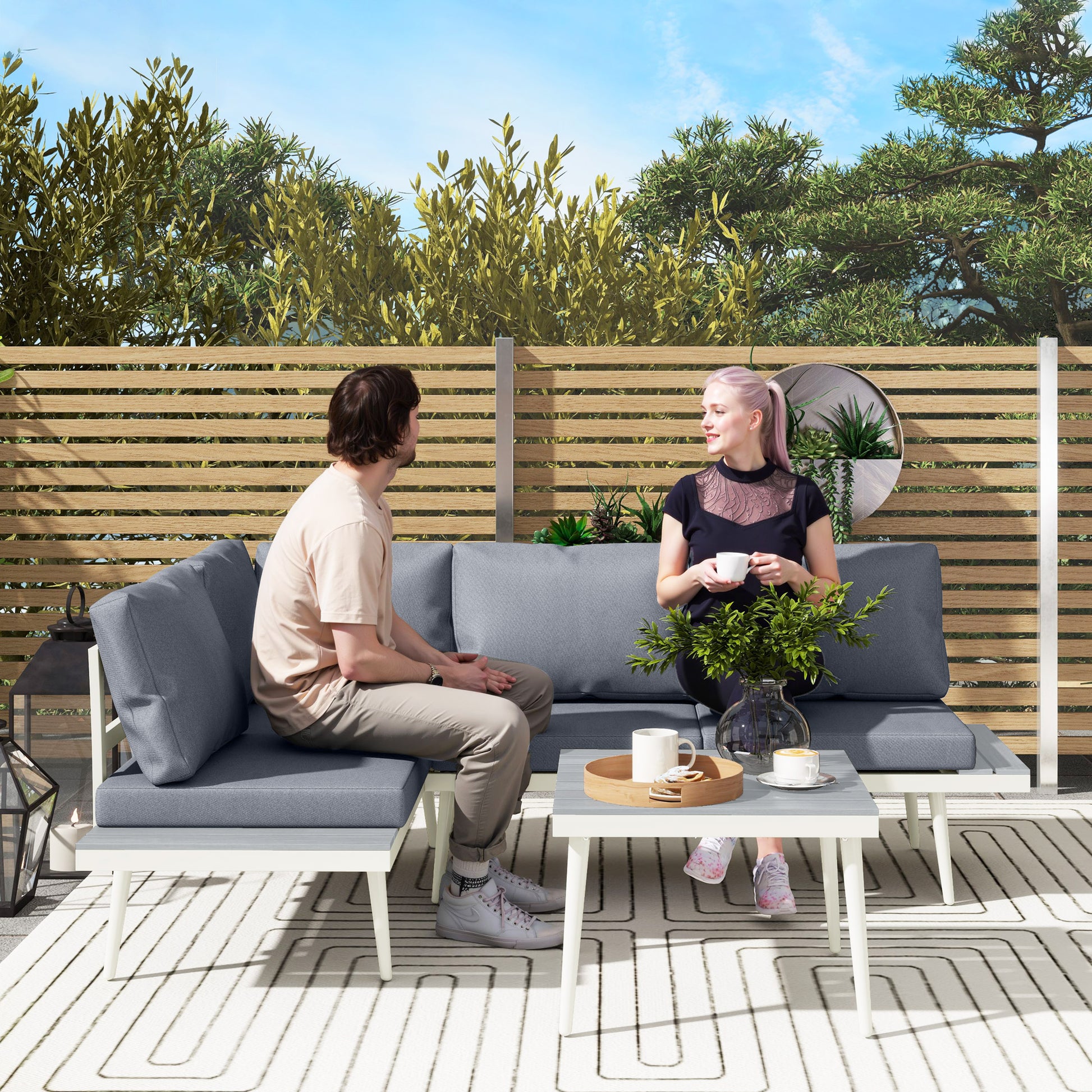 Garden Furniture Set 4 Persons Weatherproof Balcony Furniture Set with 2-Seater Sofa, Cushions Side Table Steel Outdoor Seating Group Patio Furniture Garden Lounge for Garden Terrace Gray