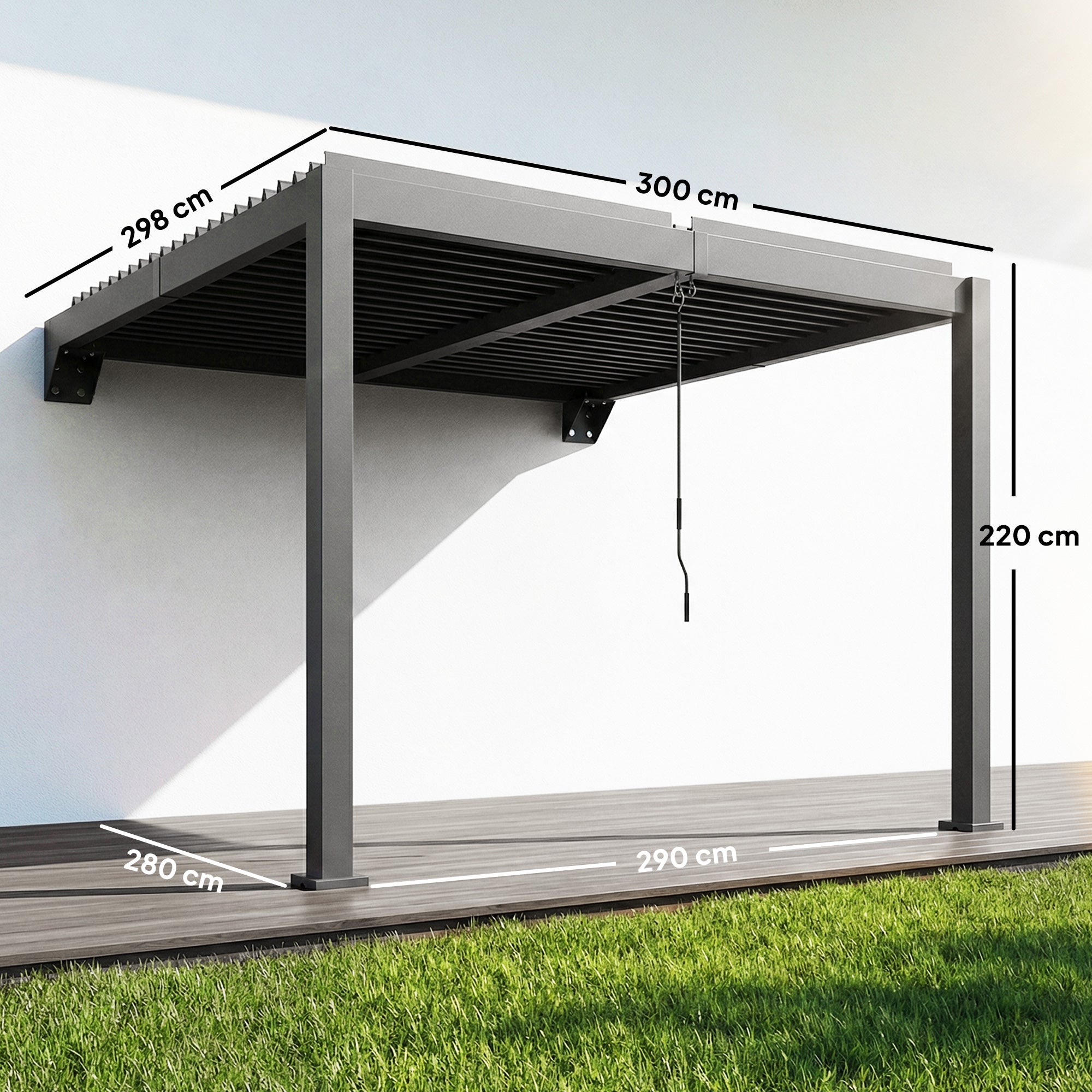 Approx. 3 x 3 m Aluminum Wall-Mounted Louvered Pergola — Adjustable Slatted Roof, Weatherproof, Stable Patio Canopy, Garden Pavilion, Dark Gray