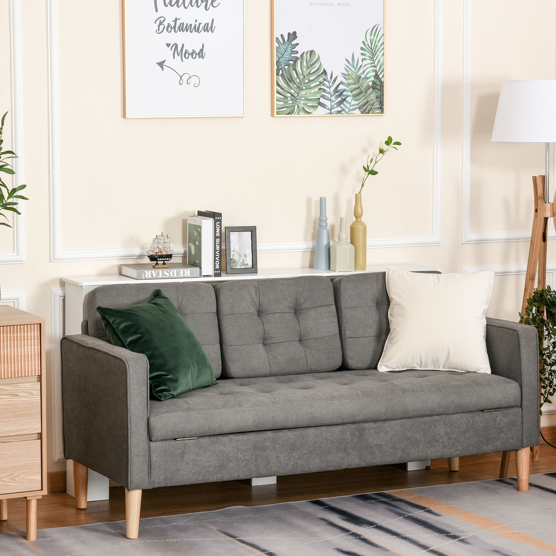 3 Seater Sofa, Couch with Storage Space, Wooden Legs, Padded Sofa with Velvet Look for Living Room, Bedroom, 166.5 x 62 x 82 cm, Gray