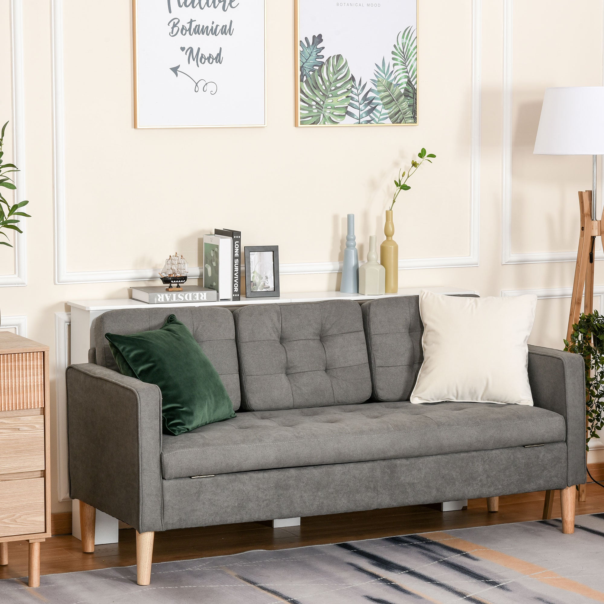 3 Seater Sofa, Couch with Storage Space, Wooden Legs, Padded Sofa with Velvet Look for Living Room, Bedroom, 166.5 x 62 x 82 cm, Gray