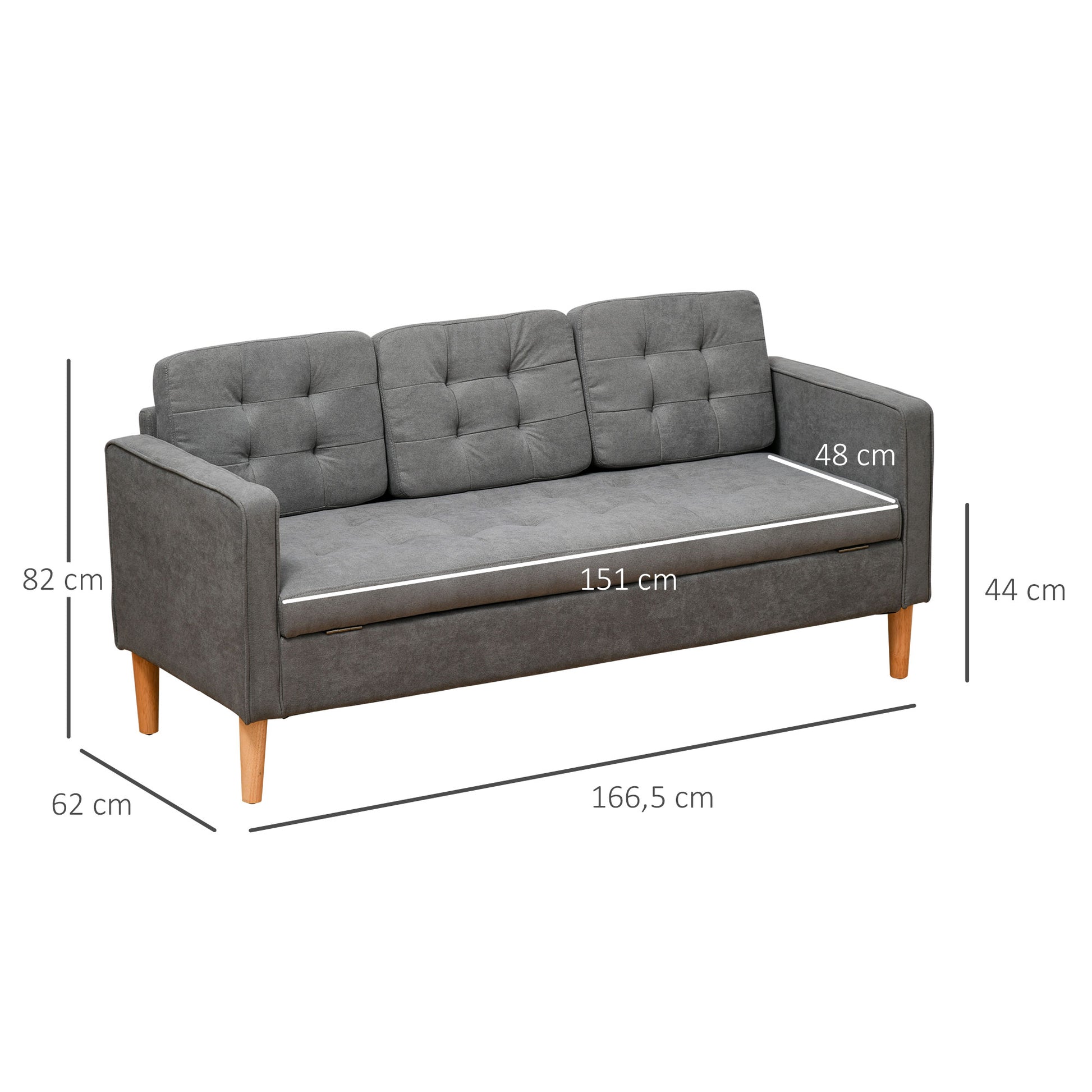 3 Seater Sofa, Couch with Storage Space, Wooden Legs, Padded Sofa with Velvet Look for Living Room, Bedroom, 166.5 x 62 x 82 cm, Gray