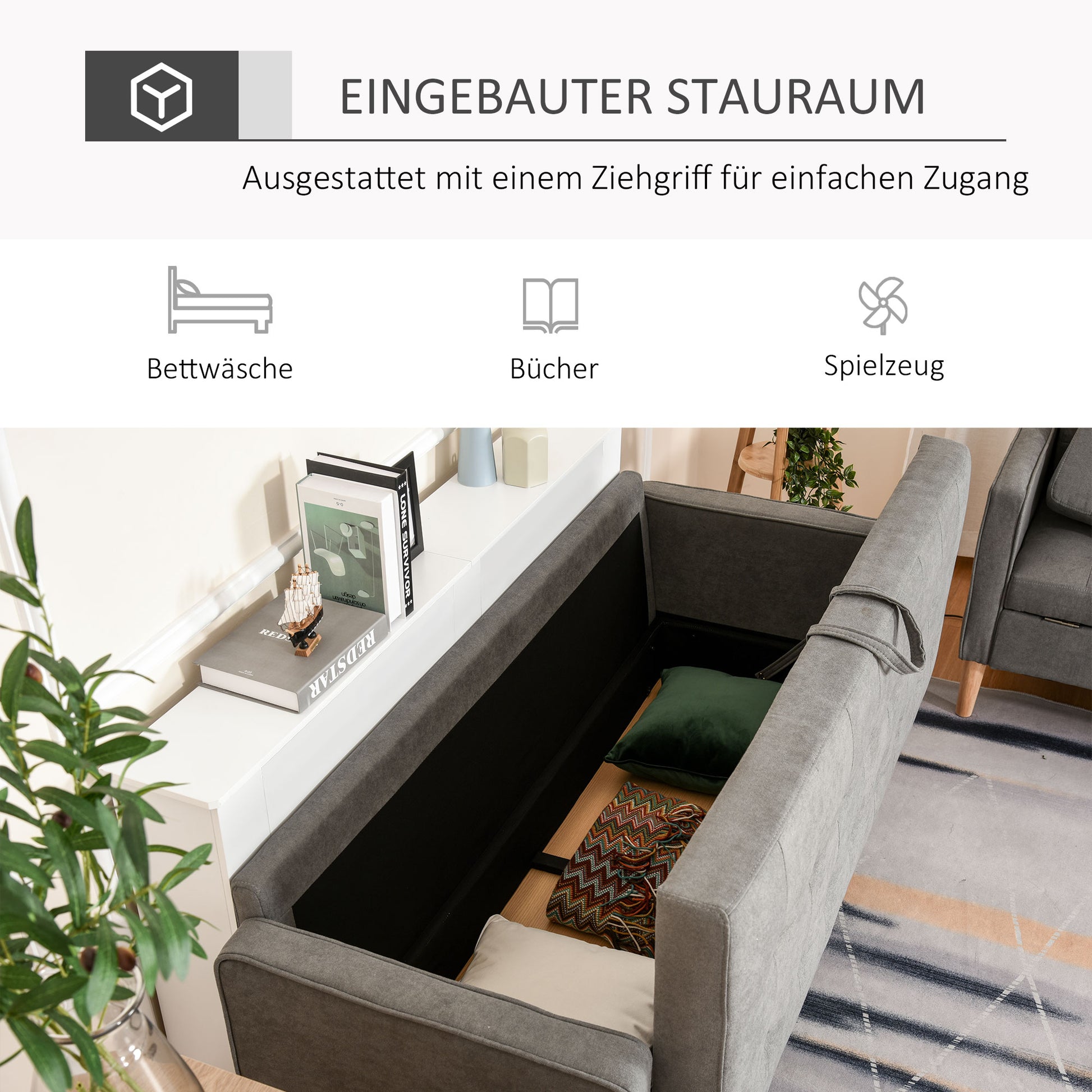 3 Seater Sofa, Couch with Storage Space, Wooden Legs, Padded Sofa with Velvet Look for Living Room, Bedroom, 166.5 x 62 x 82 cm, Gray