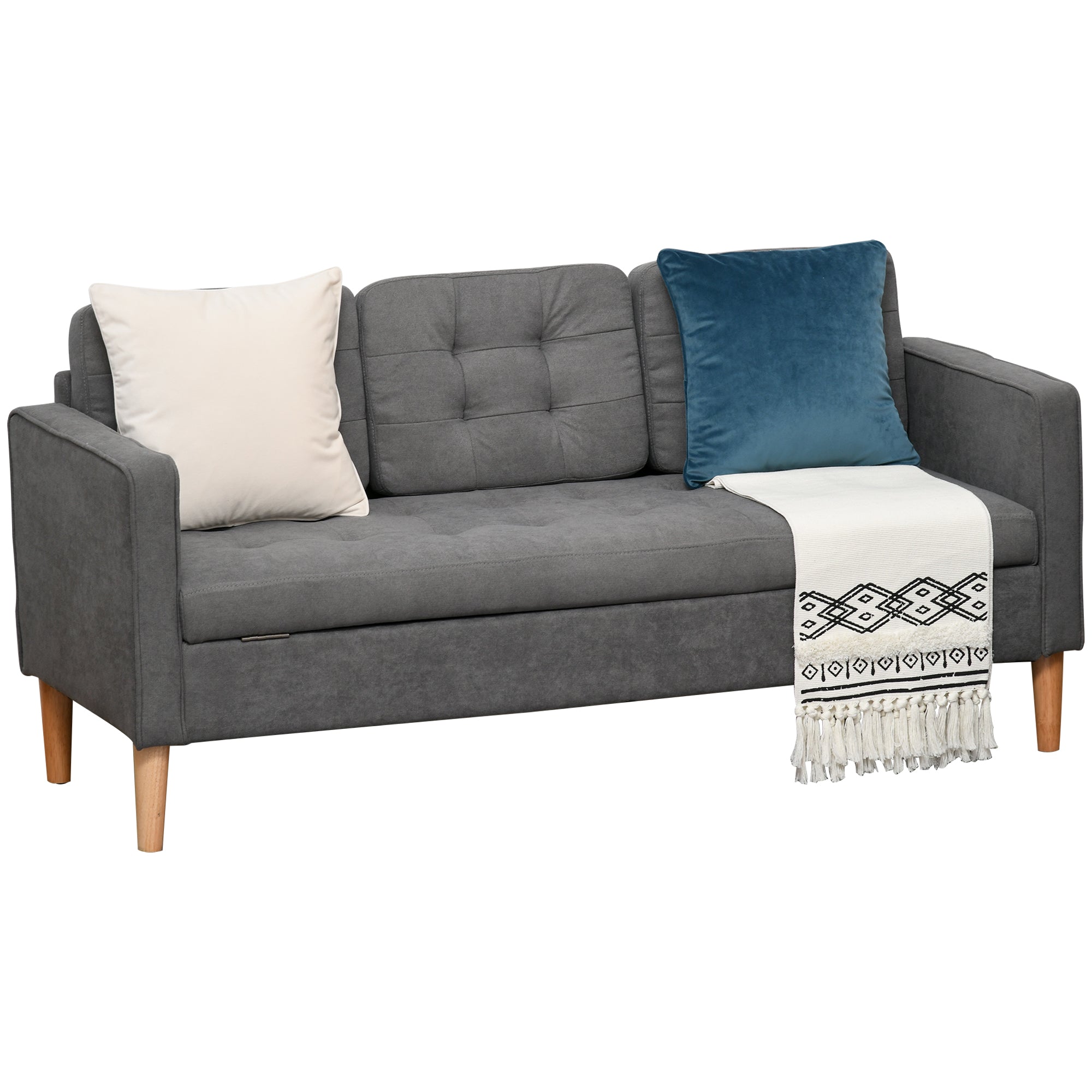 3 Seater Sofa, Couch with Storage Space, Wooden Legs, Padded Sofa with Velvet Look for Living Room, Bedroom, 166.5 x 62 x 82 cm, Gray