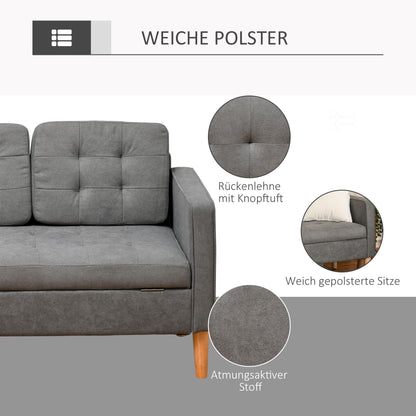 3 Seater Sofa, Couch with Storage Space, Wooden Legs, Padded Sofa with Velvet Look for Living Room, Bedroom, 166.5 x 62 x 82 cm, Gray