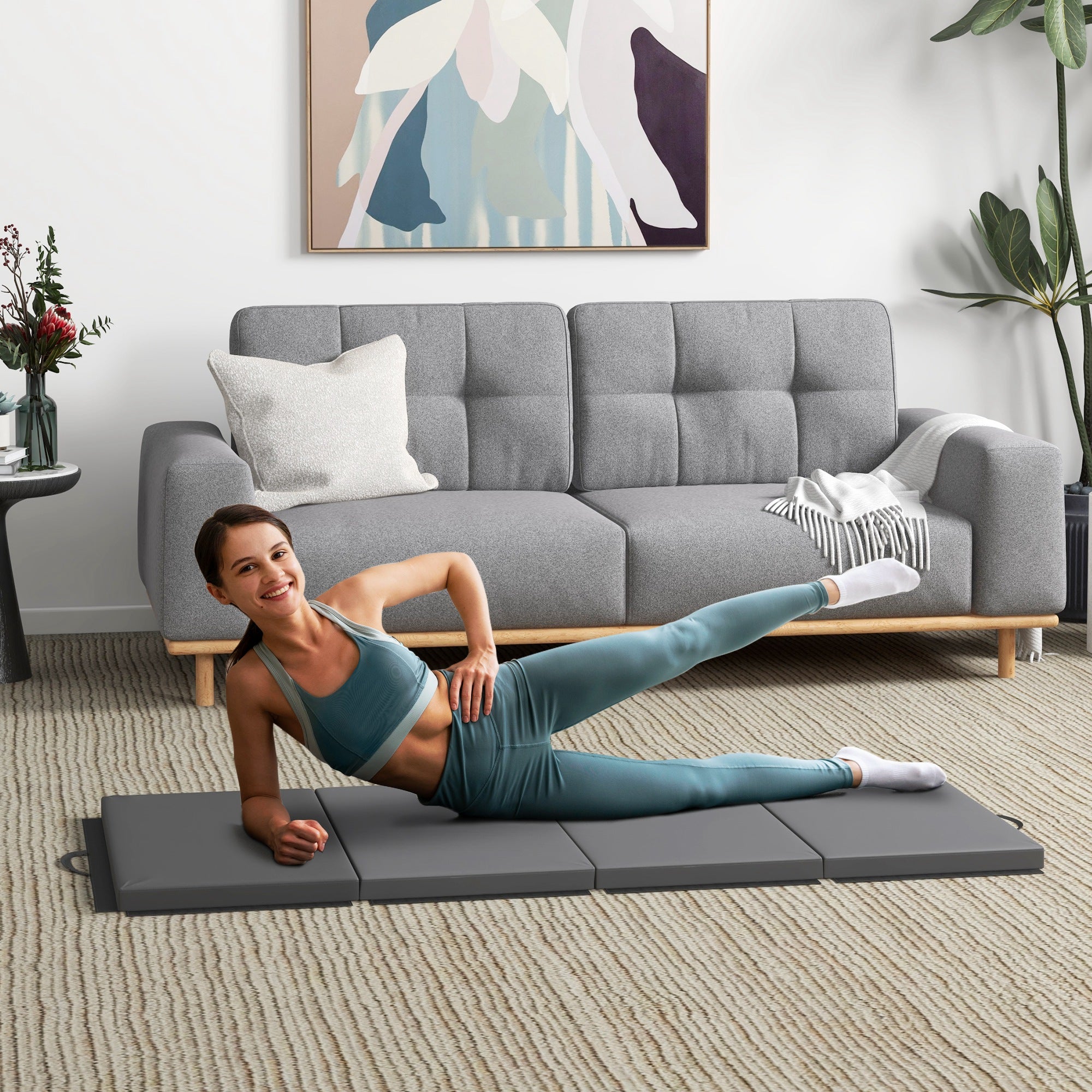 Folding gymnastics mat, thick gymnastics mat, 180 x 80 x 5 cm, with handle, floor mat for yoga, MMA, sports, fitness, pilates, synthetic covering, gray