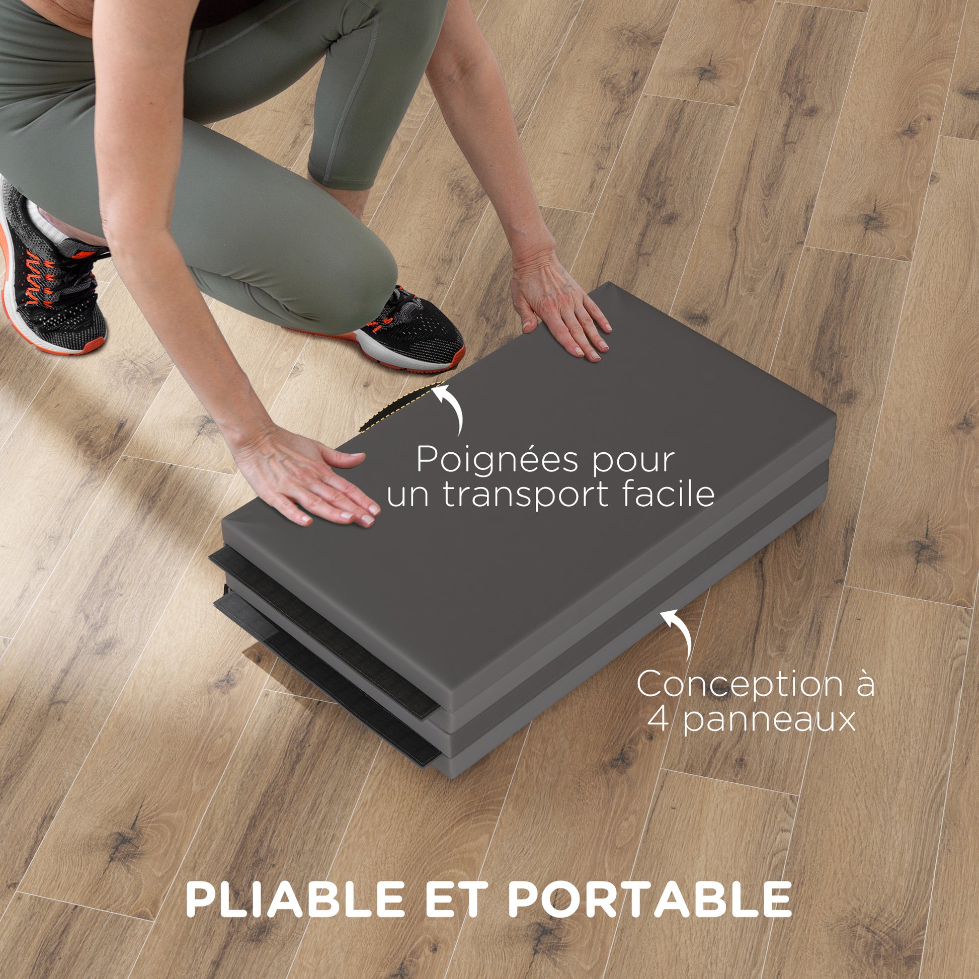 Folding gymnastics mat, thick gymnastics mat, 180 x 80 x 5 cm, with handle, floor mat for yoga, MMA, sports, fitness, pilates, synthetic covering, gray
