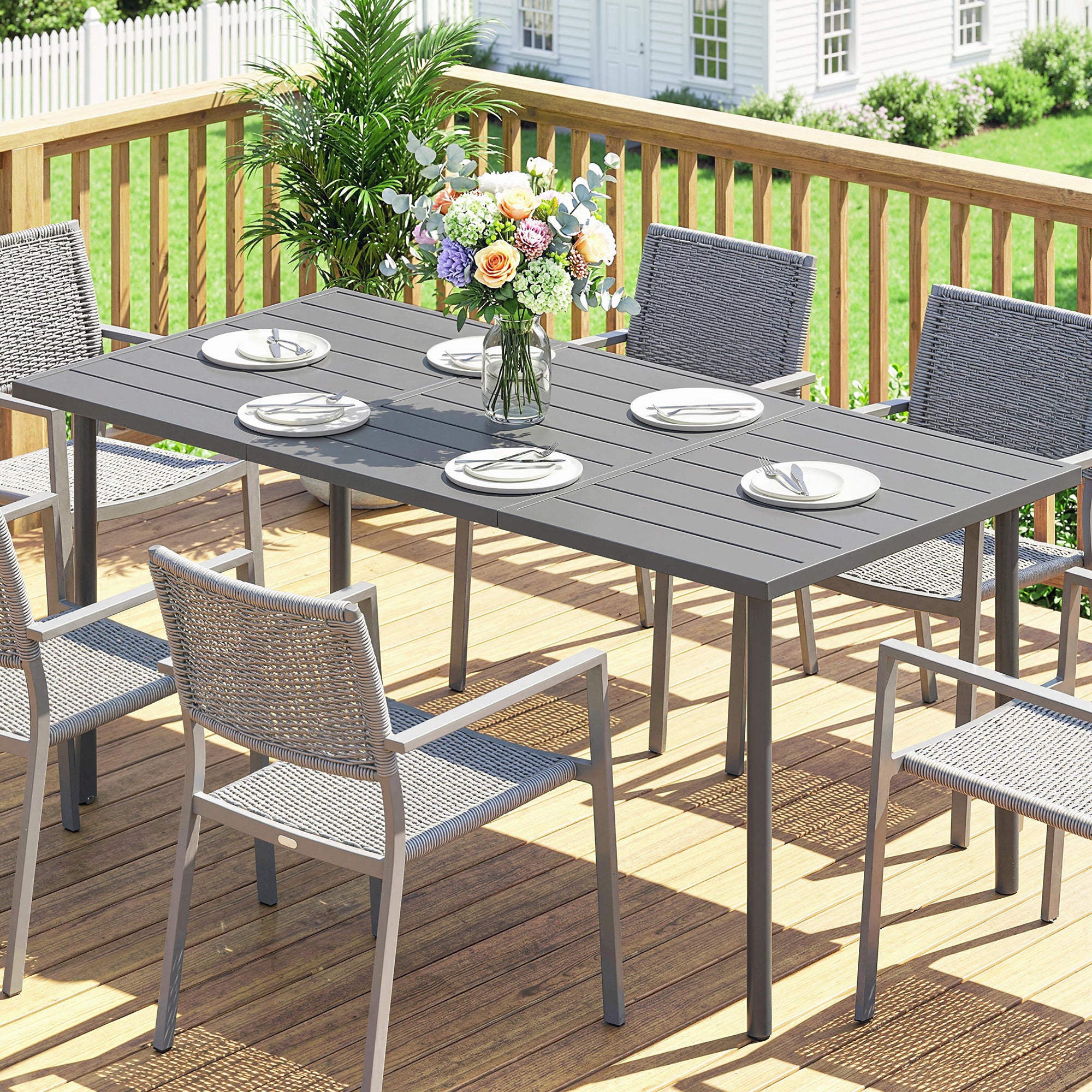 Outdoor Dining Table 65 x 31.5 in for 6 — Slatted Metal Top, Powder-Coated Steel Frame, Weather-Resistant (Dark Gray)