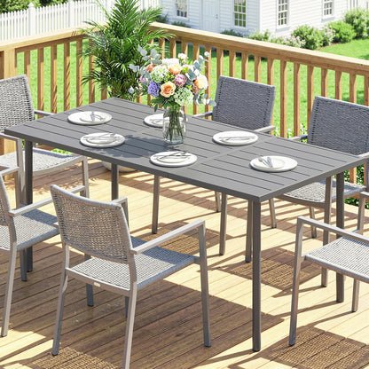 Outdoor Dining Table 65 x 31.5 in for 6 — Slatted Metal Top, Powder-Coated Steel Frame, Weather-Resistant (Dark Gray)