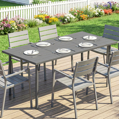 Outdoor Dining Table 65 x 31.5 in for 6 — Slatted Metal Top, Powder-Coated Steel Frame, Weather-Resistant (Dark Gray)
