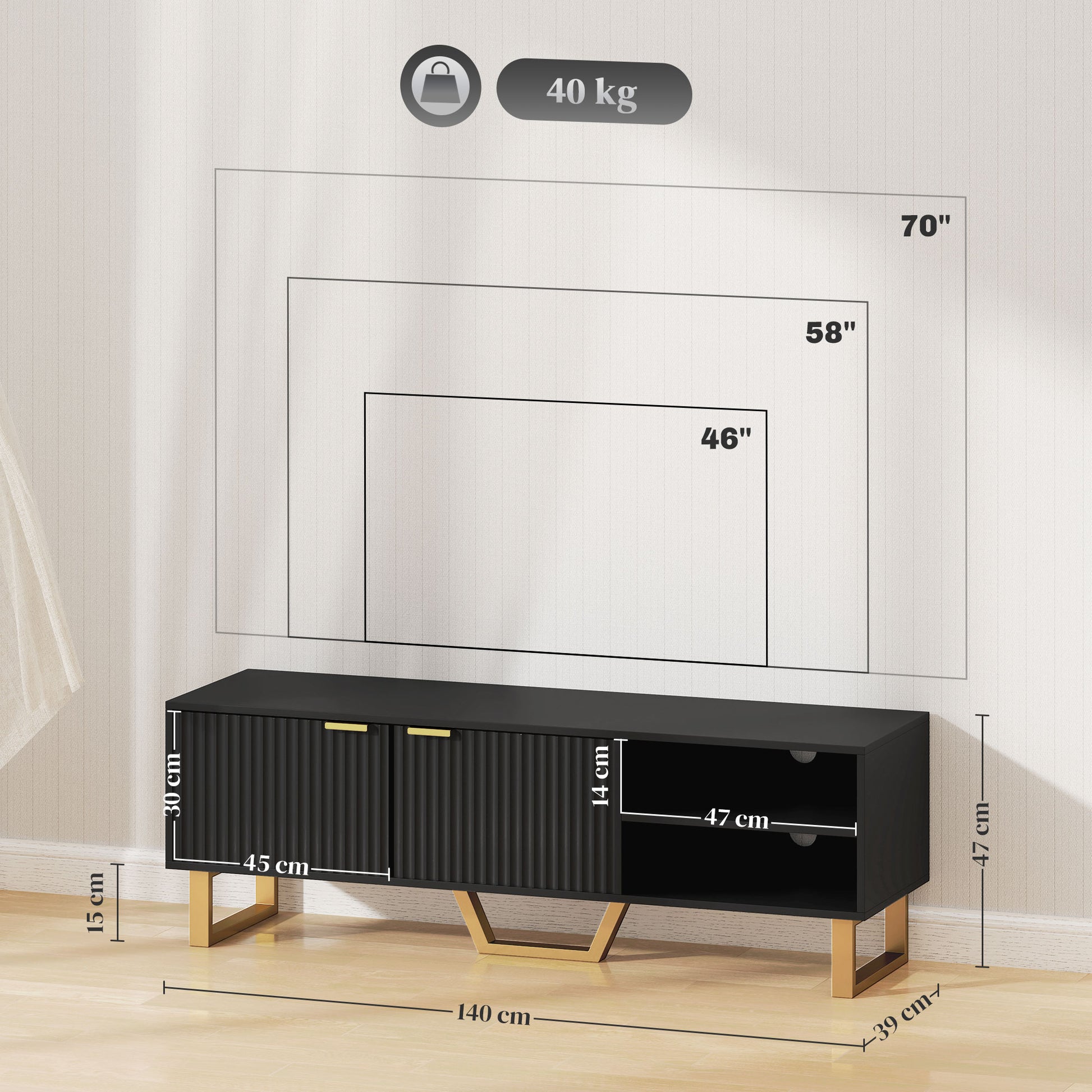 TV Stand TV unit wood TV bench for TV up to 70 inches with 2 fluted doors, open compartment and cable management, for living room bedroom, 140 x 39 x 47 cm, black