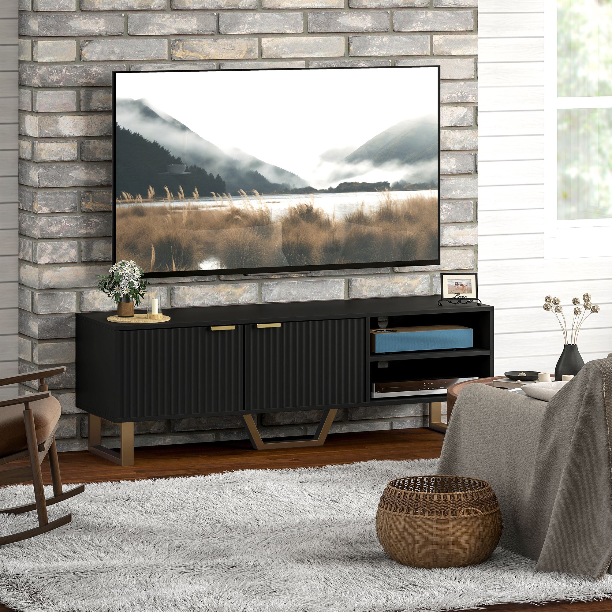TV Stand TV unit wood TV bench for TV up to 70 inches with 2 fluted doors, open compartment and cable management, for living room bedroom, 140 x 39 x 47 cm, black