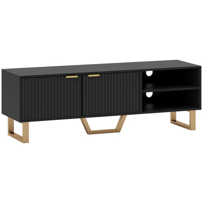 TV Stand TV unit wood TV bench for TV up to 70 inches with 2 fluted doors, open compartment and cable management, for living room bedroom, 140 x 39 x 47 cm, black