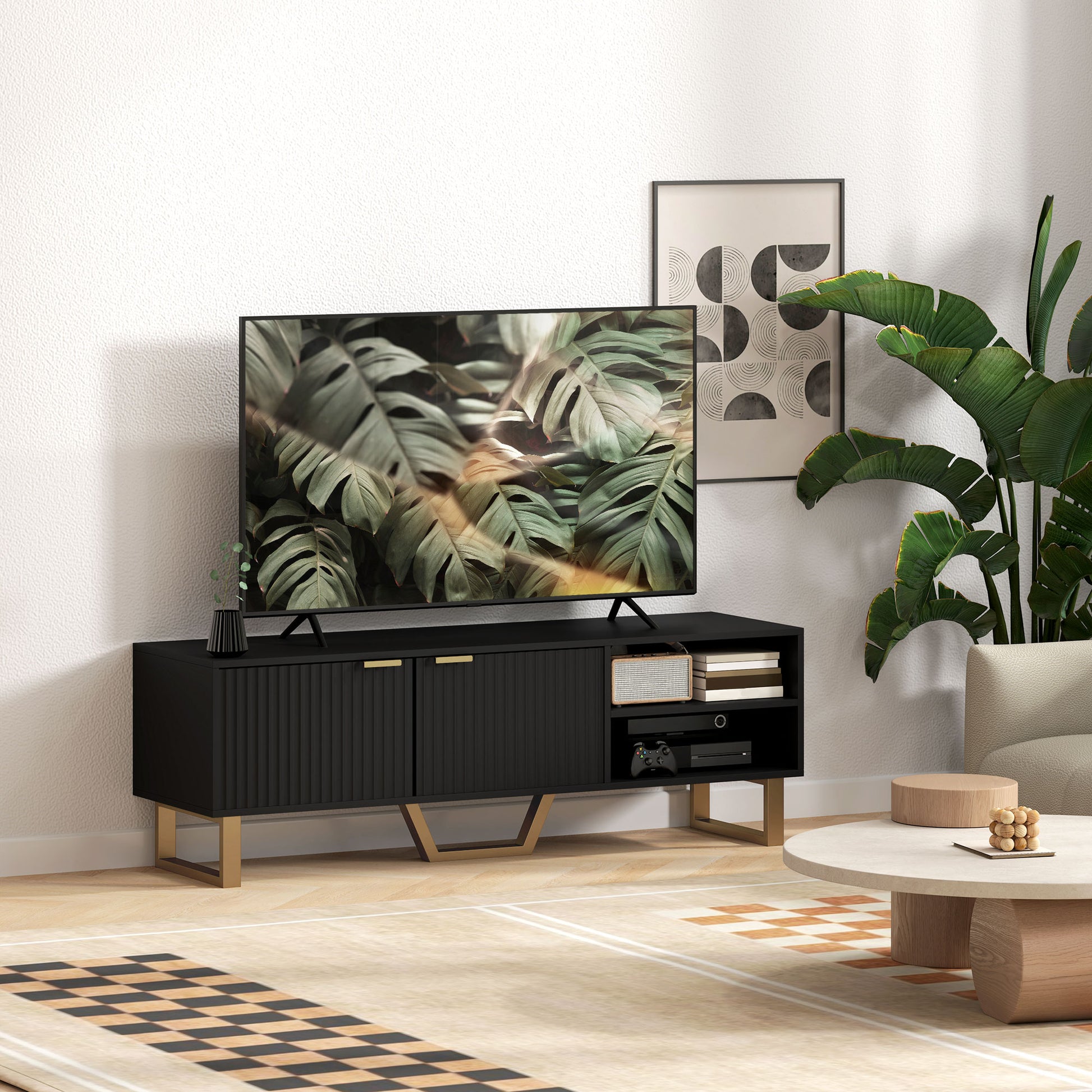TV Stand TV unit wood TV bench for TV up to 70 inches with 2 fluted doors, open compartment and cable management, for living room bedroom, 140 x 39 x 47 cm, black