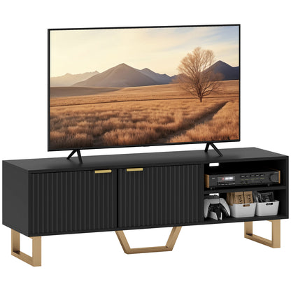 TV Stand TV unit wood TV bench for TV up to 70 inches with 2 fluted doors, open compartment and cable management, for living room bedroom, 140 x 39 x 47 cm, black