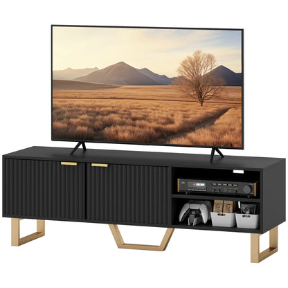 TV Stand TV unit wood TV bench for TV up to 70 inches with 2 fluted doors, open compartment and cable management, for living room bedroom, 140 x 39 x 47 cm, black