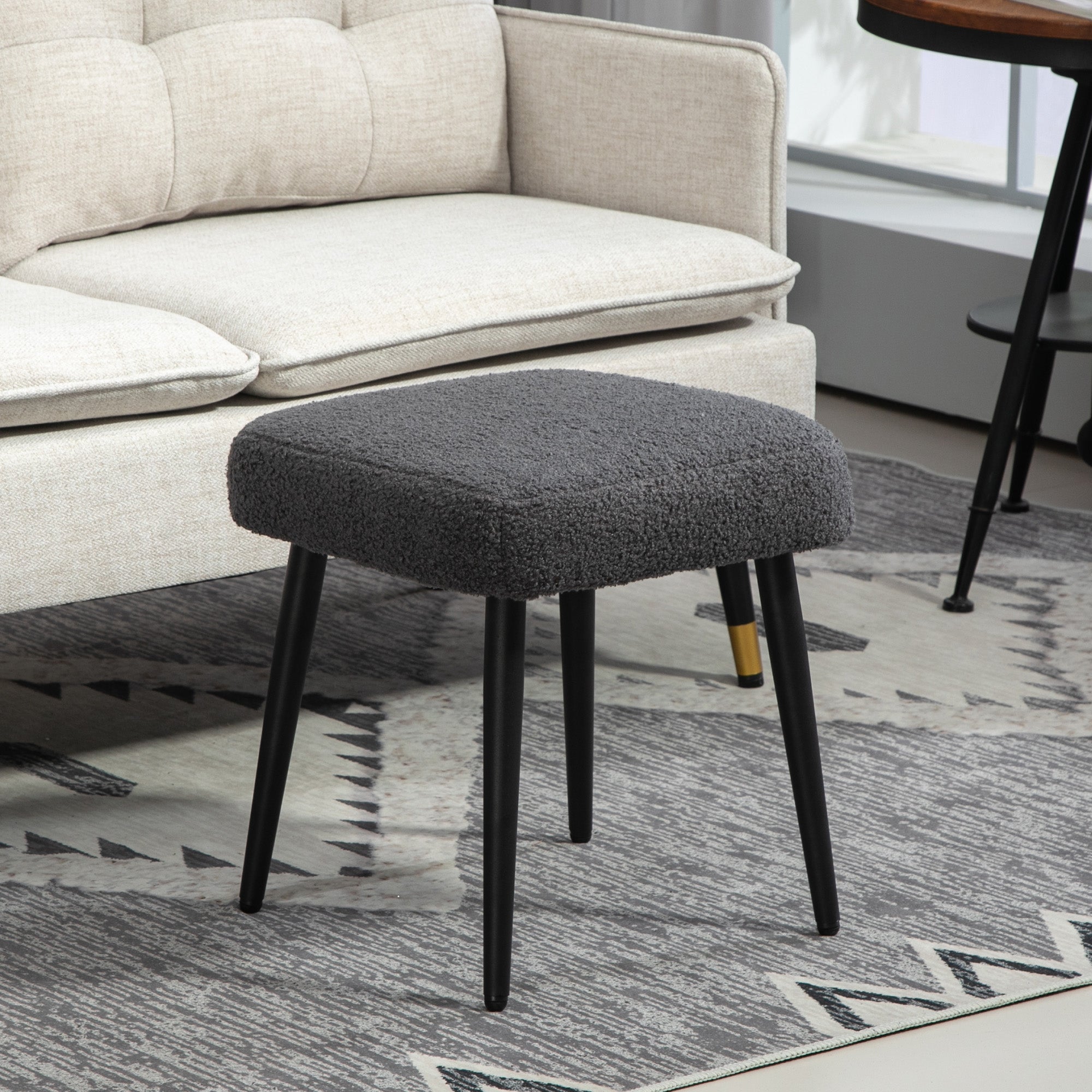 Footstool Seat Stool Square Makeup Stool Footrest with Cashmere Look, Steel Legs, for Living Room, Bedroom, Dark Gray, 42 x 42 x 47 cm