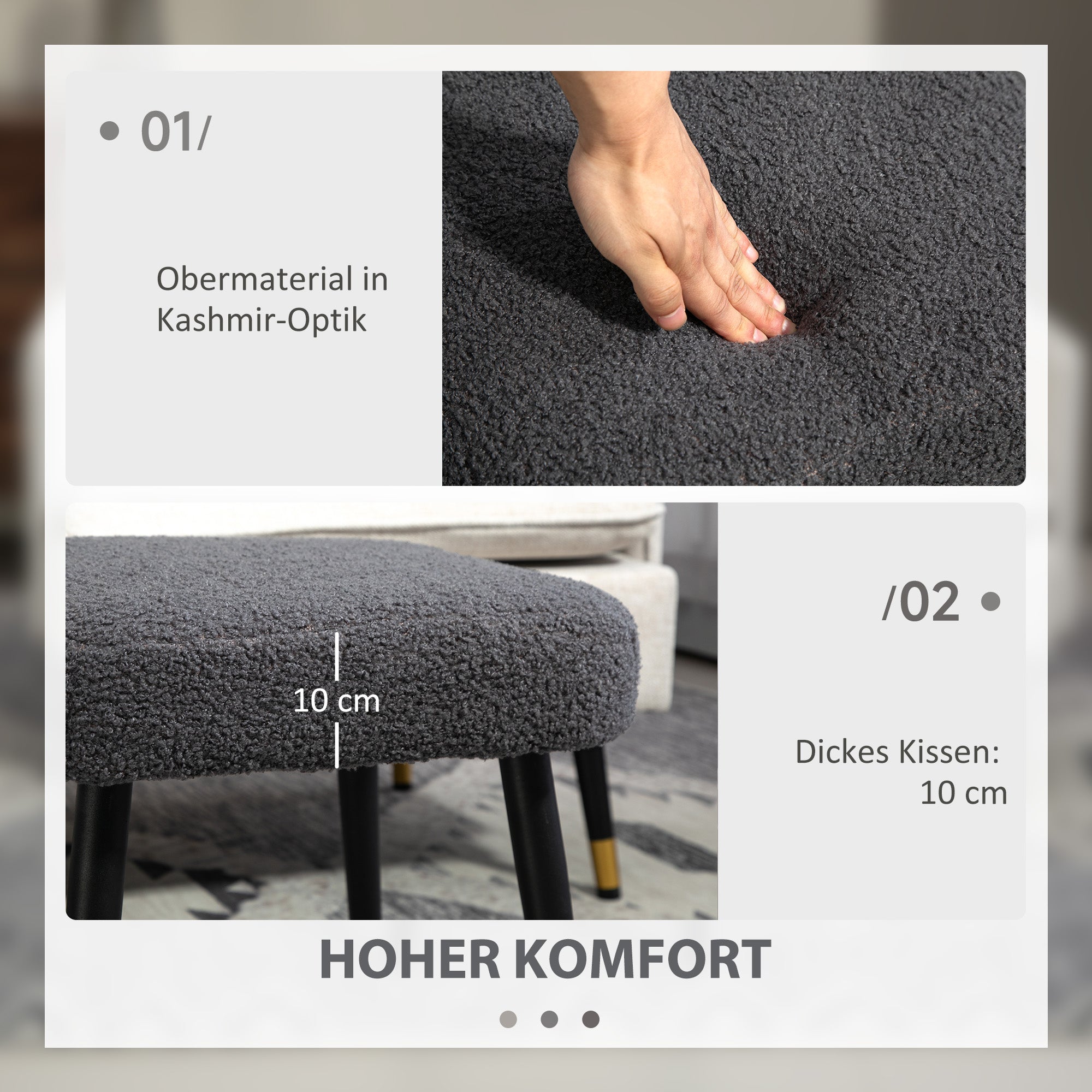 Footstool Seat Stool Square Makeup Stool Footrest with Cashmere Look, Steel Legs, for Living Room, Bedroom, Dark Gray, 42 x 42 x 47 cm