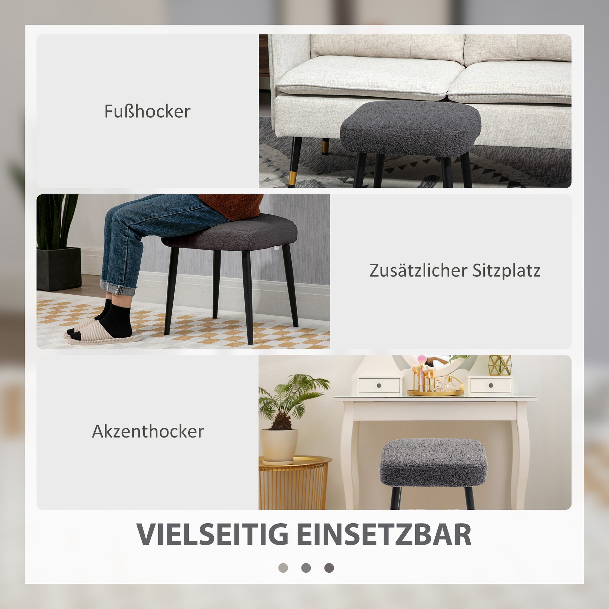 Footstool Seat Stool Square Makeup Stool Footrest with Cashmere Look, Steel Legs, for Living Room, Bedroom, Dark Gray, 42 x 42 x 47 cm