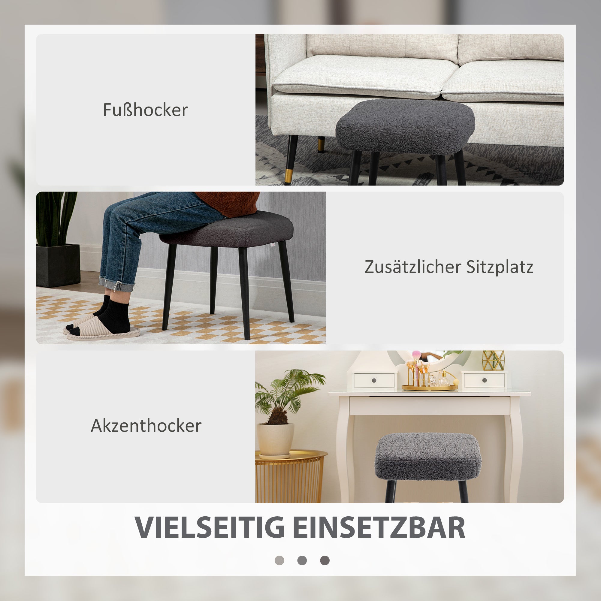 Footstool Seat Stool Square Makeup Stool Footrest with Cashmere Look, Steel Legs, for Living Room, Bedroom, Dark Gray, 42 x 42 x 47 cm