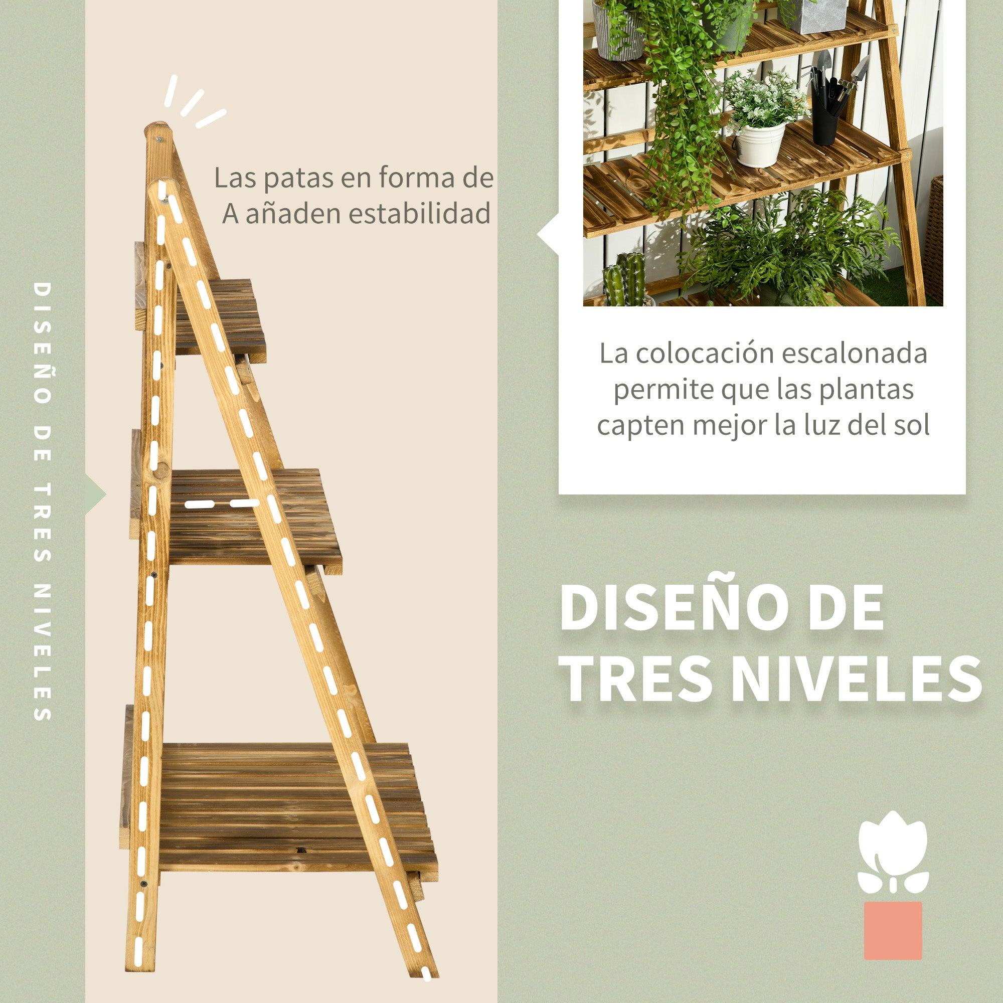 3-Tier Wooden Plant Stand Foldable Plant Shelf for Indoor and Outdoor Use Terrace Garden Balcony 80x37x93 cm Natural