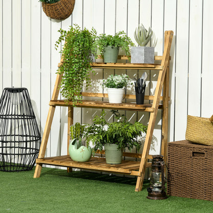 3-Tier Wooden Plant Stand Foldable Plant Shelf for Indoor and Outdoor Use Terrace Garden Balcony 80x37x93 cm Natural