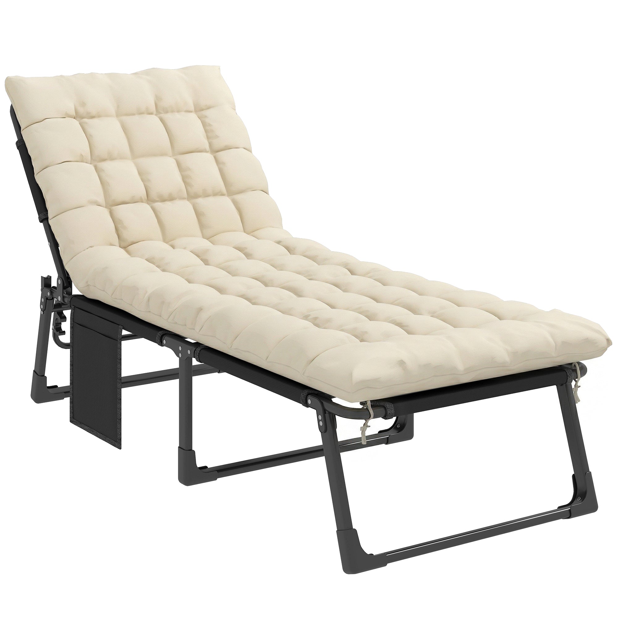 Folding Sun Lounger – Wide 5-Position Adjustable Garden Recliner with Padded Mattress, Headrest & Side Pocket, Breathable Mesh Relax Chair for Garden, Patio, Pool (Cream White)