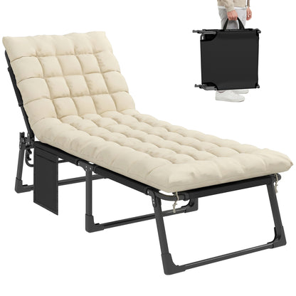 Folding Sun Lounger – Wide 5-Position Adjustable Garden Recliner with Padded Mattress, Headrest & Side Pocket, Breathable Mesh Relax Chair for Garden, Patio, Pool (Cream White)