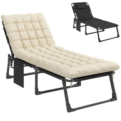 Folding Sun Lounger – Wide 5-Position Adjustable Garden Recliner with Padded Mattress, Headrest & Side Pocket, Breathable Mesh Relax Chair for Garden, Patio, Pool (Cream White)