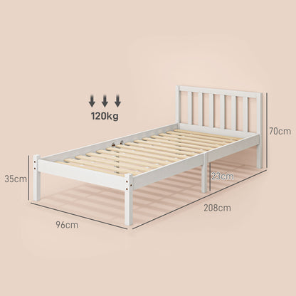 Bed Frame Wooden Bed with Slats, 208 x 96 cm Bed Frame with Headboard, Single Bed Frame for Bedroom, White